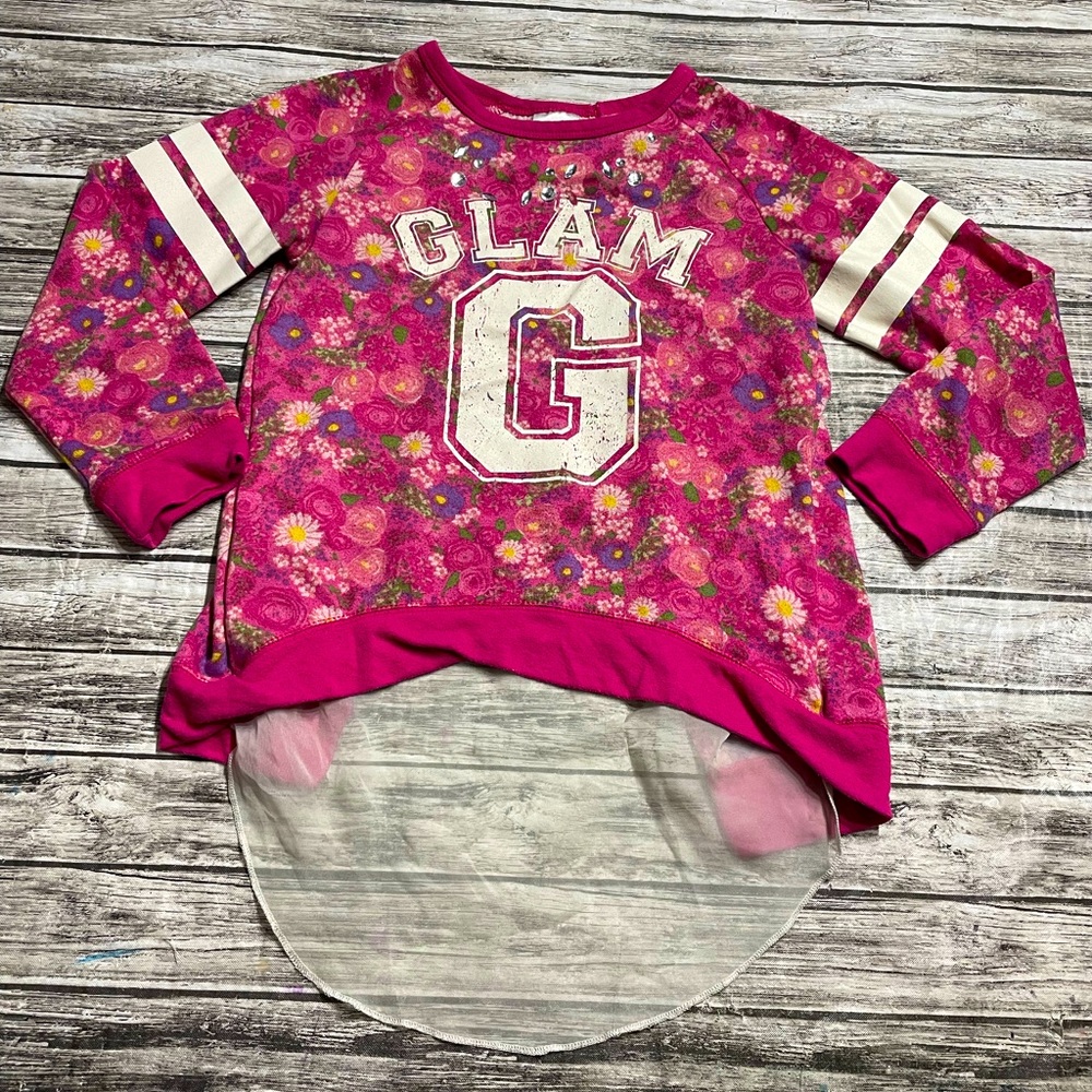 Girls size 14 Pony Tails GLAM Pink Floral Print t Open Sheer Back Sweater GUC